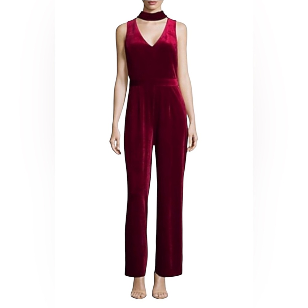 Belle Badgley Mischka Red Velvet Sleeveless Wide Leg Jumpsuit Size 10